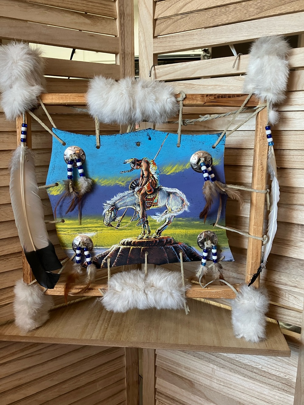 Native American Style Painted Wall Hanging with Feathers - Blue & White